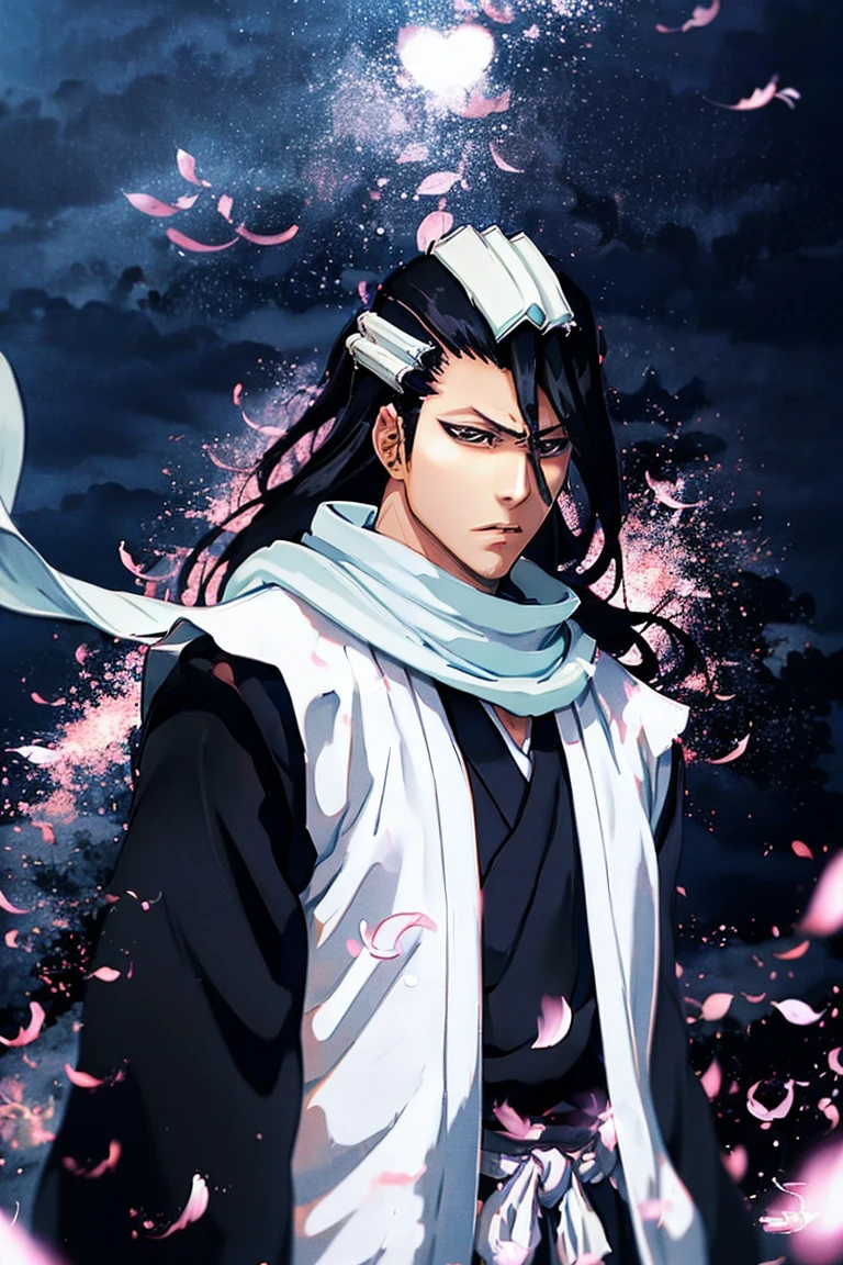  The long plan , Figure (Silhouette) Men,  kind of behind,  back view , kuchiki byakuya  ( anime character from anime bleach),  handsome man ,  Elegance , Confident,  dramatic composition ,  long black hair , flowing white scarf ,  black and white outfit , night sky,  flying sakura flowers  ( around character ),  mysterious atmosphere ,  cinematic perspective, no face ( no face visible), face in the shadow , face hidden by hair ,  Anime style 