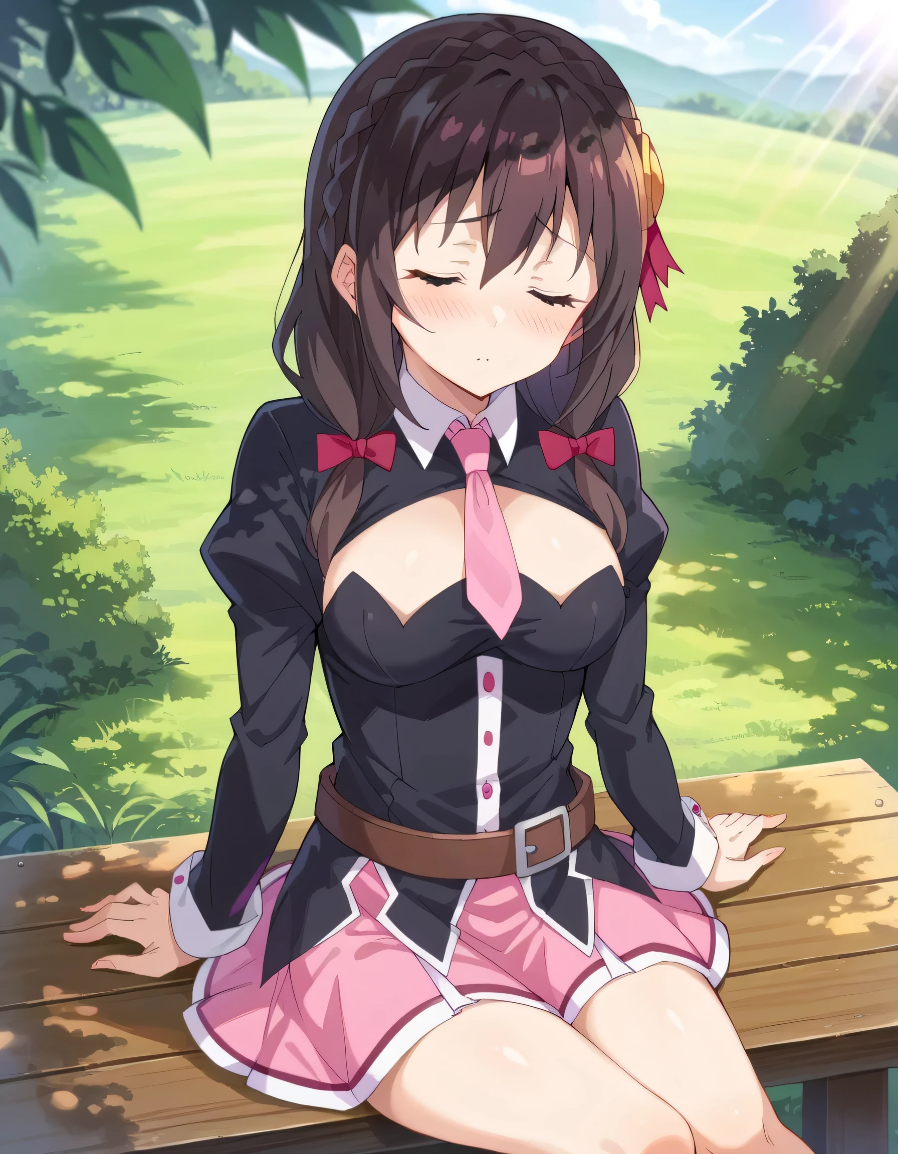 score_9, score_8_ up, score_7_ up,
Yunyun、 black hair, hair accessory, bow, braided , crown braided ,
skirt , thighs, Long Sleeve , ties, belt, Outfit Cutout, cleavage cutout to viewer, pink skirt , pink ties,
、blush, cowboy shot ,The expression of a kiss on the viewer、 sitting around 、 sunlight filtering through the trees、Kissing Mouth、ビュワーに(Kiss with your eyes closed)、1 person、solo、 looks up