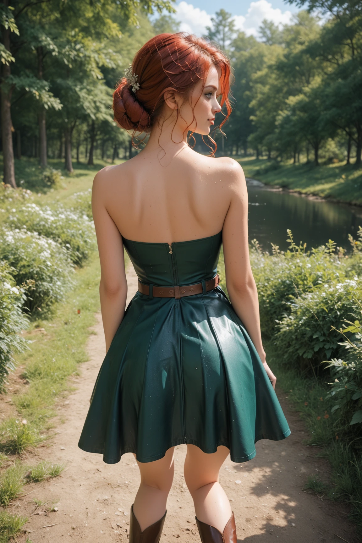 booty girl in a triss merigold-costume (by whitcher game II) with khaki riding-breeches, elegant ivygreen elven dress, brown riding-boots, brown leather belt with a leather bandolier, a beautiful forrest in background, lies on her stomache in the hay, long red hair undone, elegant fashion, cameltoe, wet, legs open, having fainted on stomache with one knee pulled to the side, back view from above, doing splits, cute and foxy