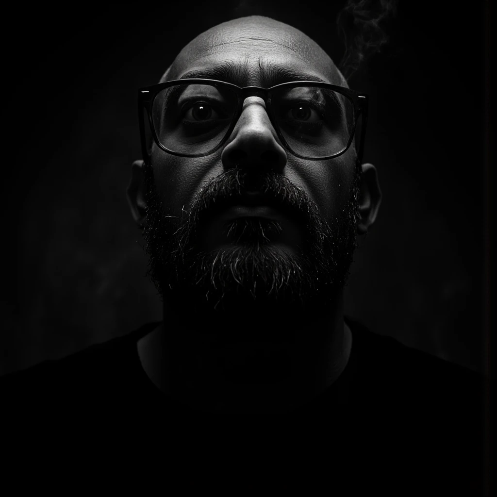 (best quality, 128k,highres,masterpiece:1.2),ultra-detailed,(realistic,photorealistic,photo-realistic:1.37), ((masterpiece)) ((photography)) ((Highest quality)) Portrait of a 40-year-old bearded man with glasses, inspired by the style of Luis Royo. His expression is intense and thoughtful, with intricate details highlighting the texture of his black beard and the reflective surfaces of his glasses. He has a large round face The background is moody and atmospheric, blending dark tones and soft light to create a mysterious and captivating aura, typical of Luis Royo's art.