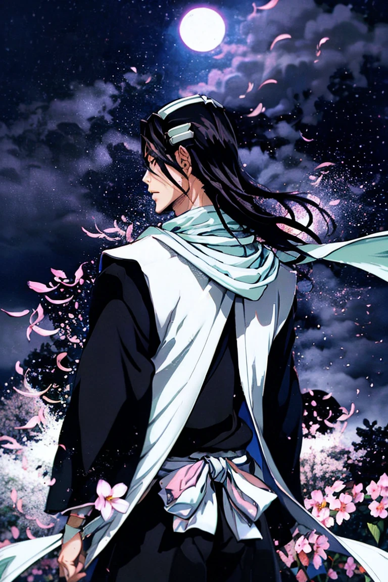  The long plan ,  the figure of a man ,  kind of behind,  back view , kuchiki byakuya  ( anime character from anime bleach ),  handsome man ,  Elegance , Confident,  dramatic composition ,  long black hair , flowing white scarf ,  black and white outfit , night sky,  flying sakura flowers  ( around character ),  mysterious atmosphere ,  cinematic perspective, no face ( no face visible), face in the shadow , face hidden by hair ,  Anime style 