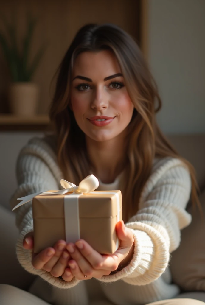 (impressionistic realism by csybgh), a woman opens a mysterious gift, golden magical light shines on her face from inside the giftbox, sparkling eyes, expression of joyous wonder, pure intense happiness, gldnglry, viewed from the front, facial focus, masterpiece, (perfect hands and perfect fingers)