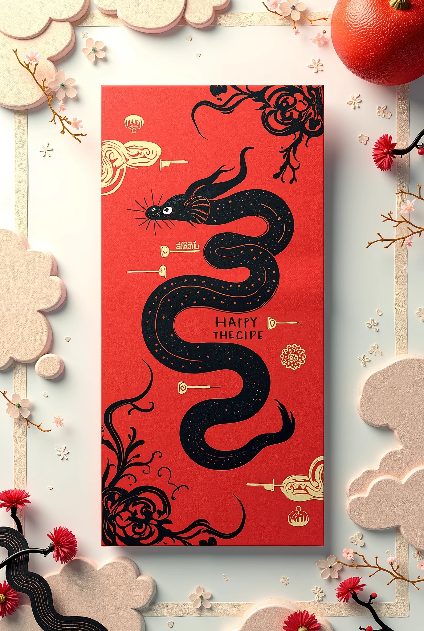 Red envelope with Year of the Snake monochrome hand drawn calligraphy pattern, Lines of clouds, snakes and flowers