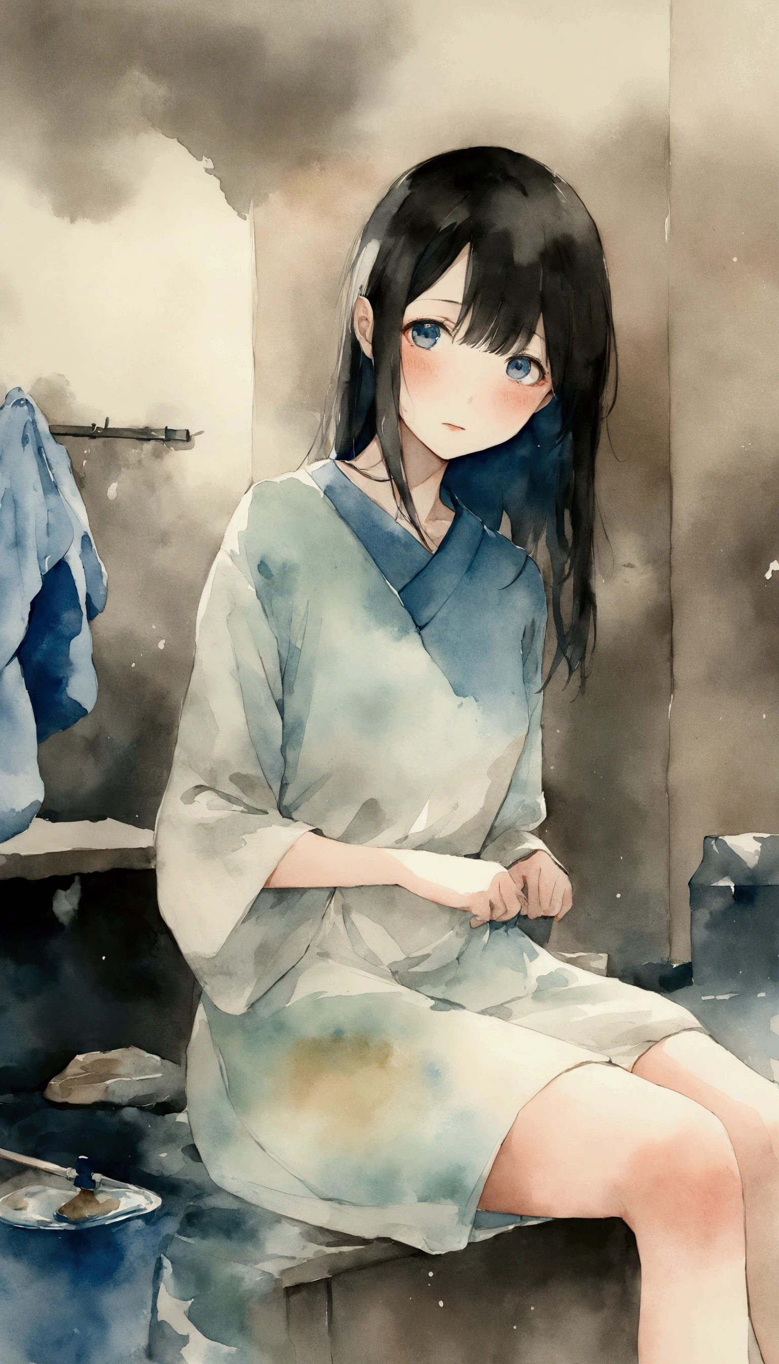  splatter background and spray paint effect  , Hiroshige Utagawa, Tunic,  knees in the dressing room,  Multi Colored Hair  ,Teary-eyed , dusk, watercolor, watercolor, watercolor風, watercolorの詳細なアート, watercolor digital painting, watercolor paints, 非常に精巧なwatercolor, watercolor，  Japanese women，1,  long hair,  black hair、Based on blue、Falling blue petals:0.2