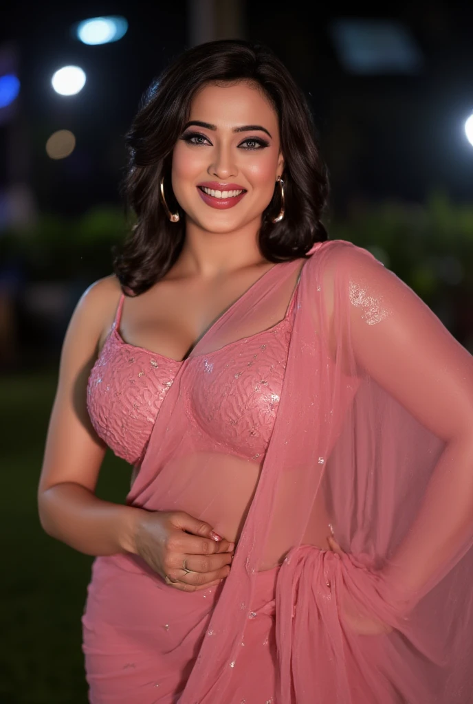 full body,front view,big boobs,cleavage,indian,standing position,transparent pink saree,pink cleavage bra,ring navel,body facing to camera,smile,night,light raining,red lipstick