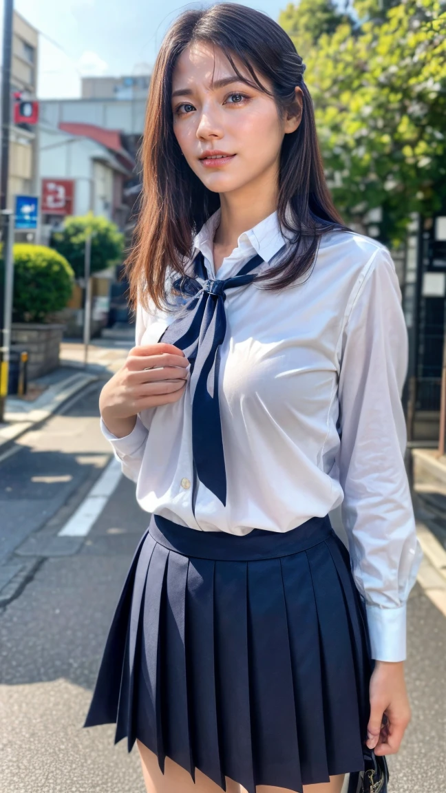 a beautiful 18 year old Japanese high school girl with perfect anatomy, healthy thighs, beautiful legs, beautiful skin, random hair color and style, large breasts, (wearing a Japanese schoolgirl uniform:1.3), (she is standing:1.2), penny loafers, holding a student bag, full body shot, standing on a city street, (best quality,4k,8k,highres,masterpiece:1.3),(extremely detailed:1.2), photorealistic, ultra-detailed, vivid colors, studio lighting, professional, matsushitanao