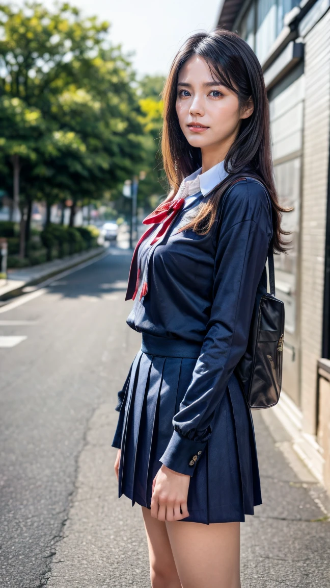 a beautiful 18 year old Japanese high school girl with perfect anatomy, healthy thighs, beautiful legs, beautiful skin, random hair color and style, large breasts, (wearing a Japanese schoolgirl uniform:1.3), (she is standing:1.2), penny loafers, holding a student bag, full body shot, standing on a city street, (best quality,4k,8k,highres,masterpiece:1.3),(extremely detailed:1.2), photorealistic, ultra-detailed, vivid colors, studio lighting, professional, matsushitanao