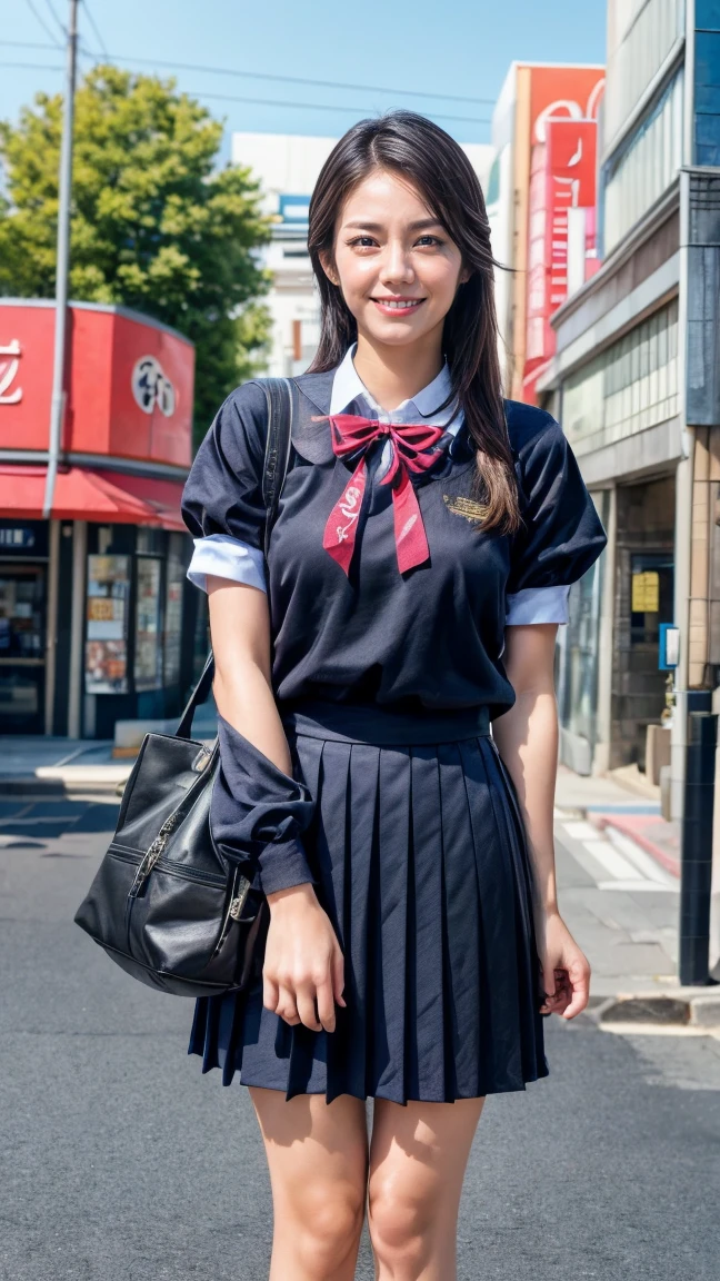 a beautiful 18 year old Japanese high school girl with perfect anatomy, healthy thighs, beautiful legs, beautiful skin, random hair color and style, large breasts, (wearing a Japanese schoolgirl uniform:1.3), (she is standing:1.2), penny loafers, holding a student bag, full body shot, standing on a city street, (best quality,4k,8k,highres,masterpiece:1.3),(extremely detailed:1.2), photorealistic, ultra-detailed, vivid colors, studio lighting, professional, matsushitanao