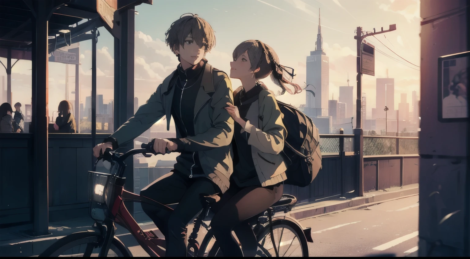 ( masterpiece),  best quality,  high detail,  surreal , ,Male and female friends, chat, Riding a bicycle,Warmth，romantic，Girls are very happy ，清晨romantic的场景