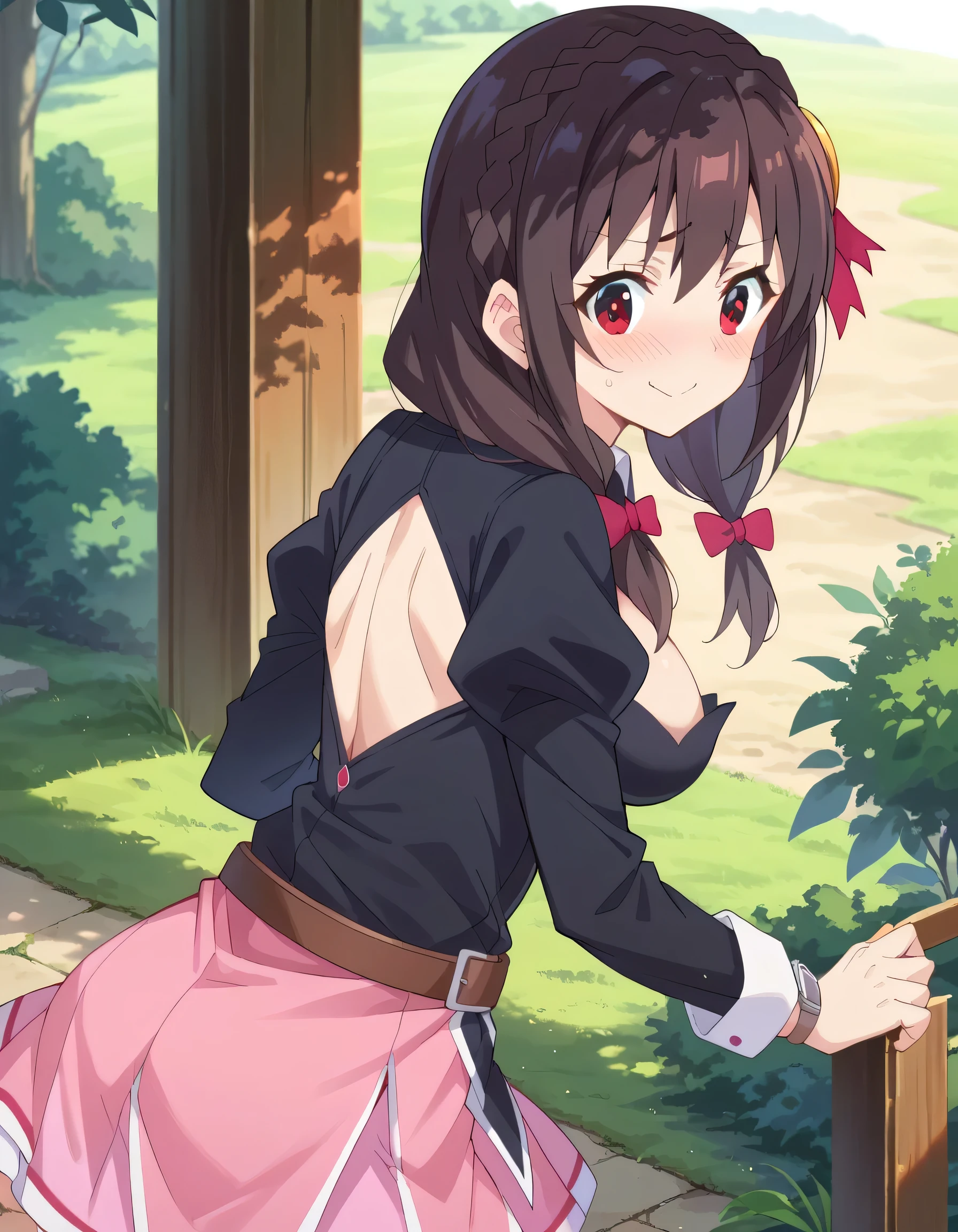 score_9, score_8_ up, score_7_ up,
Yunyun、 black hair, hair accessory, red eyes, bow, braided , crown braided ,
skirt , thighs, Long Sleeve , ties, belt, Outfit Cutout, cleavage cutout to viewer, pink skirt , pink ties,
Embarrassing Smile 、blush, Watch Viewers , cowboy shot ,(Looking Back:1.2)、( is opening your mouth)、Minami Mouth 、 sunlight filtering through the trees、 view from above