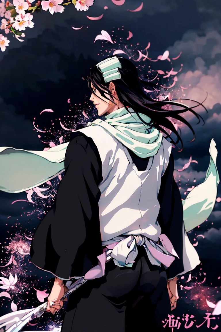  The long plan ,  the figure of a man ,  kind of behind,  back view , kuchiki byakuya  ( anime character from anime bleach ),  handsome man ,  Elegance , Confident,  dramatic composition ,  long black hair , flowing white scarf ,  black and white outfit , night sky,  flying sakura flowers  ( around character ),  mysterious atmosphere ,  cinematic perspective, no face ( no face visible), face in the shadow , face hidden by hair ,  Anime style 