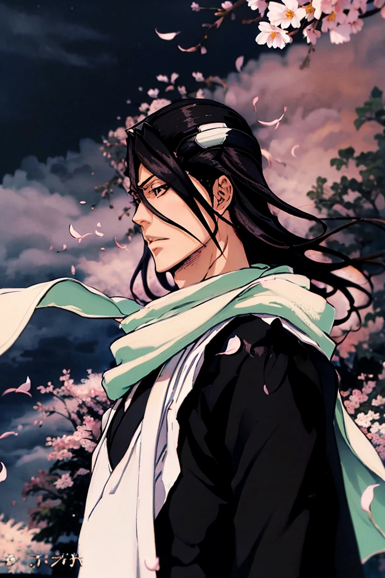  The long plan ,  the figure of a man ,  kind of behind,  back view , kuchiki byakuya  ( anime character from anime bleach ),  handsome man ,  Elegance , Confident,  dramatic composition ,  long black hair , flowing white scarf ,  black and white outfit , night sky,  flying sakura flowers  ( around character ),  mysterious atmosphere ,  cinematic perspective, no face ( no face visible), face in the shadow , face hidden by hair ,  Anime style 