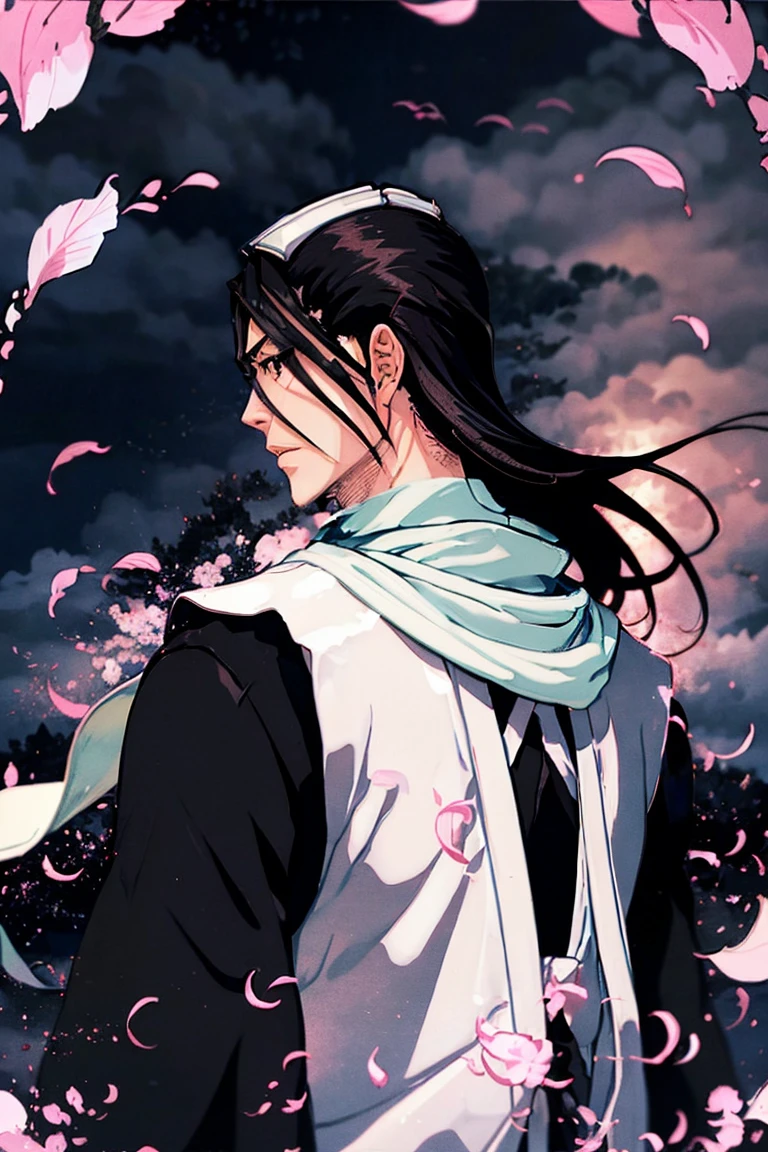  The long plan ,  the figure of a man ,  kind of behind,  back view , kuchiki byakuya  ( anime character from anime bleach ),  handsome man ,  Elegance , Confident,  dramatic composition ,  long black hair , flowing white scarf ,  black and white outfit , night sky,  flying sakura flowers  ( around character ),  mysterious atmosphere ,  cinematic perspective, no face ( no face visible), face in the shadow , face hidden by hair ,  Anime style 