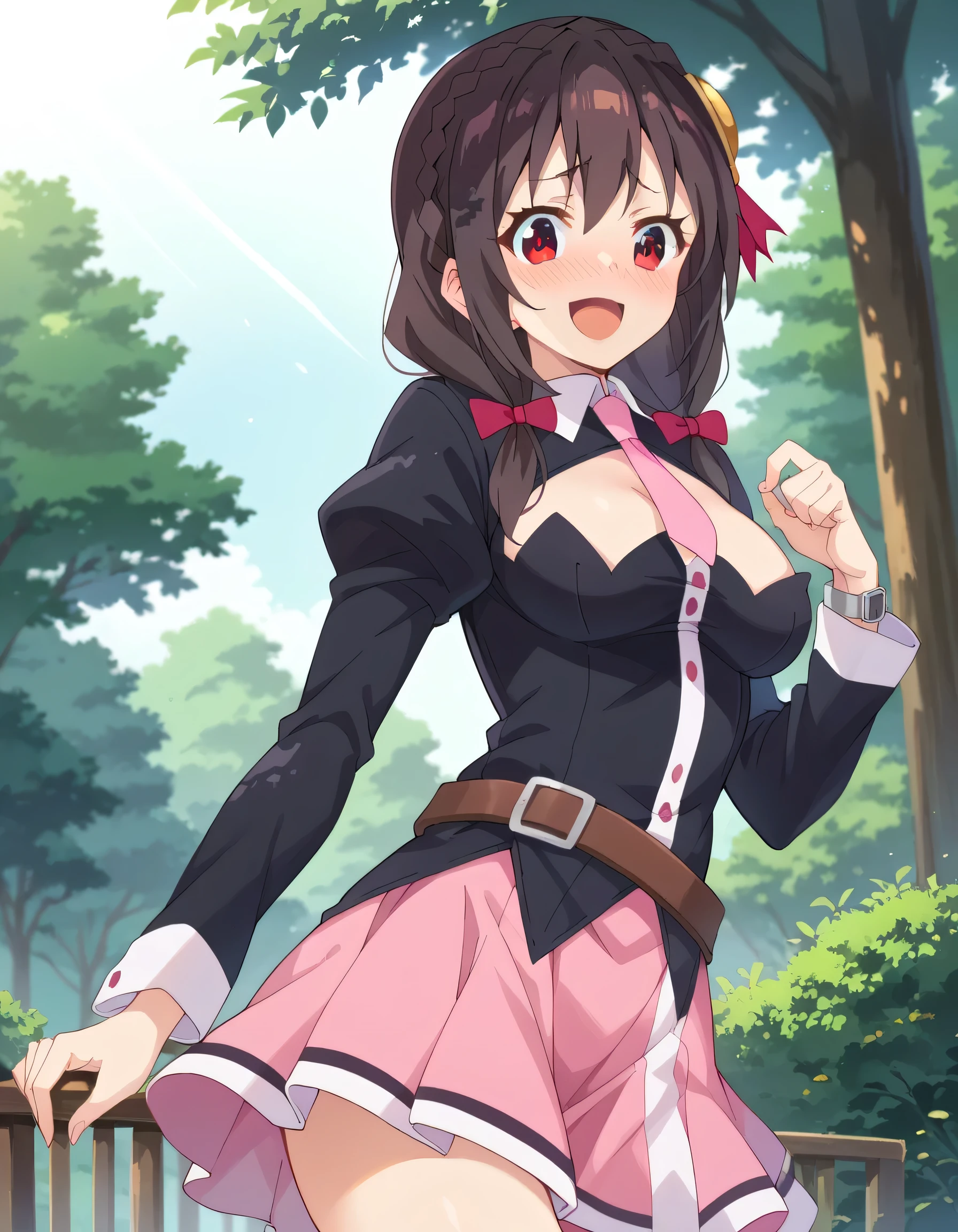 score_9, score_8_ up, score_7_ up, 
Yunyun、  black hair,  hair accessory,  red eyes, bow,  braided , crown  braided ,
 skirt ,  thighs,  Long Sleeve ,  ties, belt,  Outfit Cutout,  cleavage cutout to viewer, pink  skirt , pink  ties,
 Embarrassing Smile  、blush, Watch Viewers ,   cowboy shot ,(Looking Back:1.2)、 is opening your mouth、Minami Mouth 、 sunlight filtering through the trees、 view from below