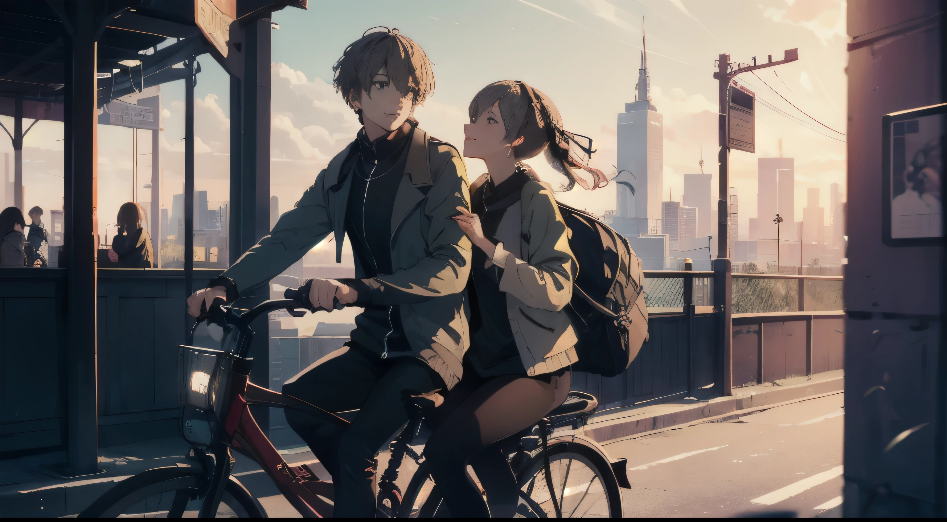 ( masterpiece),  best quality,  high detail,  Surreal , ,Male and female friends, chat, Riding a bicycle,Warmth，romantic，Girls are very happy ，Early morning romantic scene