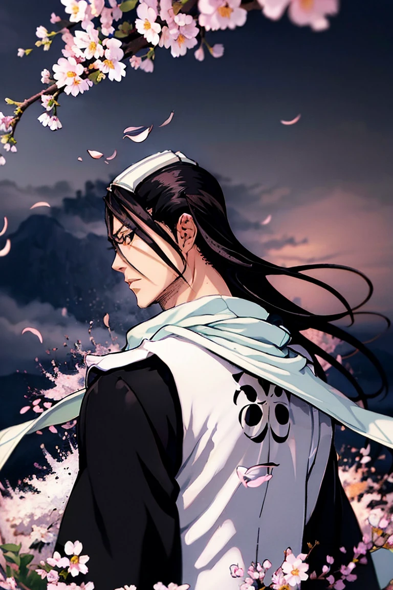  The long plan ,  the figure of a man ,  kind of behind,  back view , kuchiki byakuya  ( anime character from anime bleach ),  handsome man ,  Elegance , Confident,  dramatic composition ,  long black hair , flowing white scarf ,  black and white outfit , night sky,  flying sakura flowers  ( around character ),  mysterious atmosphere ,  cinematic perspective, no face ( no face visible), face in the shadow , face hidden by hair ,  Anime style 