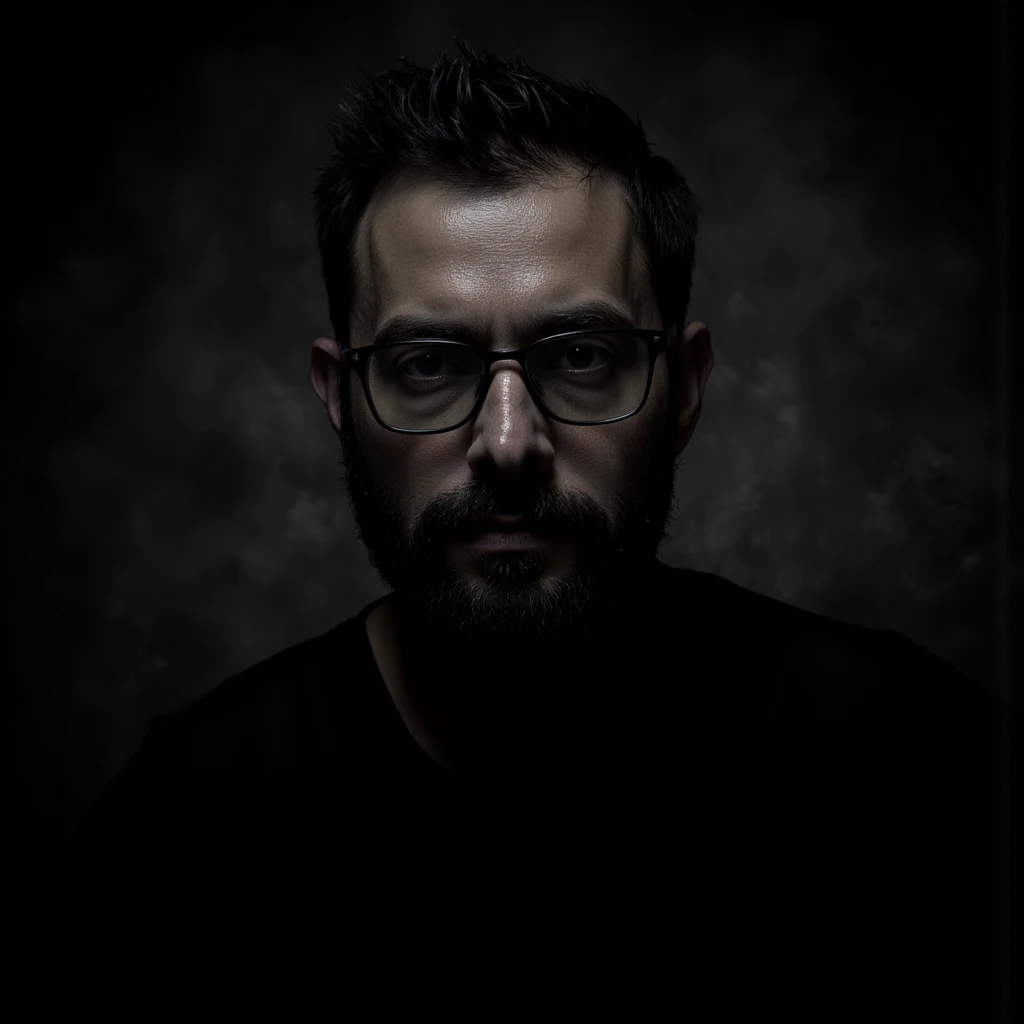 (best quality, 128k,highres,masterpiece:1.2),ultra-detailed,(realistic,photorealistic,photo-realistic:1.37), ((masterpiece)) ((photography)) ((Highest quality)) Portrait of a 40-year-old bearded man with glasses with short black hair, inspired by the style of Luis Royo. His expression is intense and thoughtful, with intricate details highlighting the texture of his black beard and the reflective surfaces of his glasses. He has a large round face The background is moody and atmospheric, blending dark tones and soft light to create a mysterious and captivating aura, typical of Luis Royo's art.