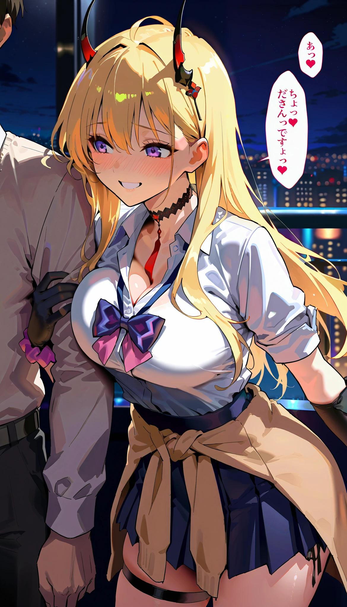 masterpiece, beautiful woman, adult female, cute, kumano , purple eyes, blonde hair, long hair, sidelocks,  they horns, cross hair ornament, choker, white shirt, collared shirt, sleeves rolled up, cleavage, purple bow, loose bowtie, wrist scrunchie, single elbow glove, black glove, blue skirt, pleated skirt, miniskirt, side-tie peek, single thigh strap, Cardigan around waist, score_9, score_8_up, score_7_up, , rating_ general , beige Cardigan, Beige sweater, black choker,  black necktie, black skirt, Cardigan, Cardigan around waist, source_anime, cowboy shot, full portrait, hair between eyes, (slim, slender body, tight waist, toned body), (night, Around town, In front of the hotel), full-face blush, speech bible, (lovely face, embarrassed, full blush, loving you, smile, teeth, close eyes), (grab man's arm :1.3), (side view:1.2), lovely hearts:1.4, (throw, 1man, throwhand), Sound effects