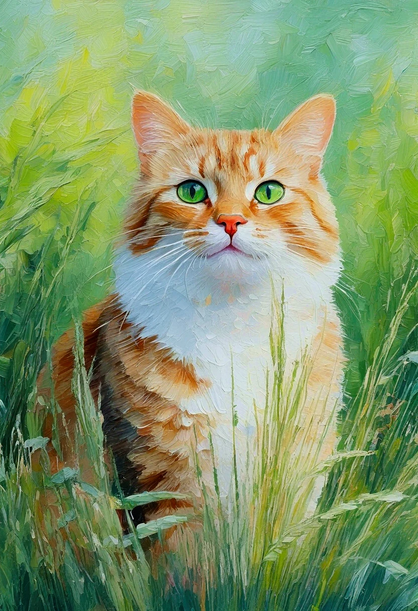 High saturation， Oil painting texture  ，Light and Shadow，   rough strokes and textures：illustration of a cat with a green patch of grass and plants,  digital art by Relja Penezic , shutter,   furry art  , Cat and plant  , Cat design, illustration of a cat,  Depicting a   ,  anthropomorphic cat , Colorfull illustration,   cute illustration  , Happy cat,   painting of a cat  , a   painting of a cat  