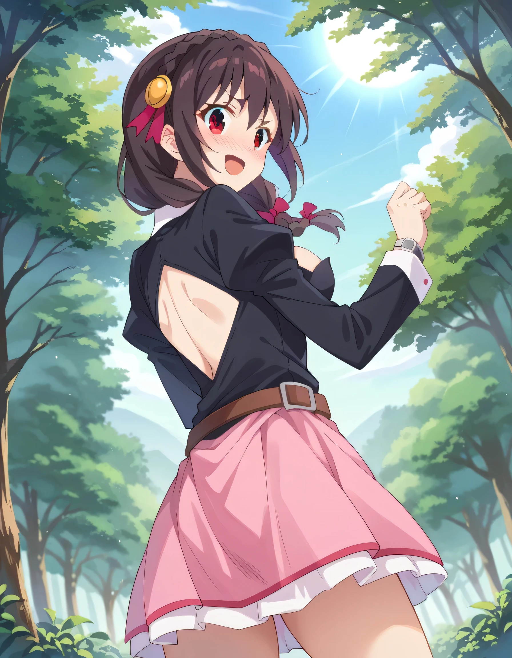 score_9, score_8_ up, score_7_ up,
Yunyun、 black hair, hair accessory, red eyes, bow, braided , crown braided ,
skirt , thighs, Long Sleeve , ties, belt, Outfit Cutout, cleavage cutout to viewer, pink skirt , pink ties,
Embarrassing Smile 、blush, Watch Viewers , cowboy shot ,(Looking Back:1.2)、 is opening your mouth、Minami Mouth 、 sunlight filtering through the trees、 view from below