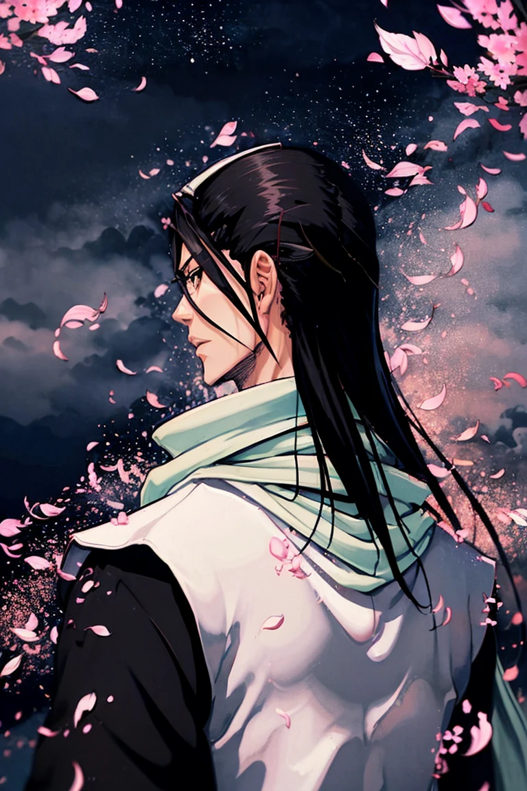  The long plan ,  the figure of a man ,  kind of behind,  back view , kuchiki byakuya  ( anime character from anime bleach),  handsome man ,  Elegance , Confident,  dramatic composition ,  long black hair , flowing white scarf ,  black and white outfit , night sky, flying cherry blossom petals ( around character ),  mysterious atmosphere ,  cinematic perspective, no face ( no face visible), face in the shadow , face hidden by hair ,  Anime style 