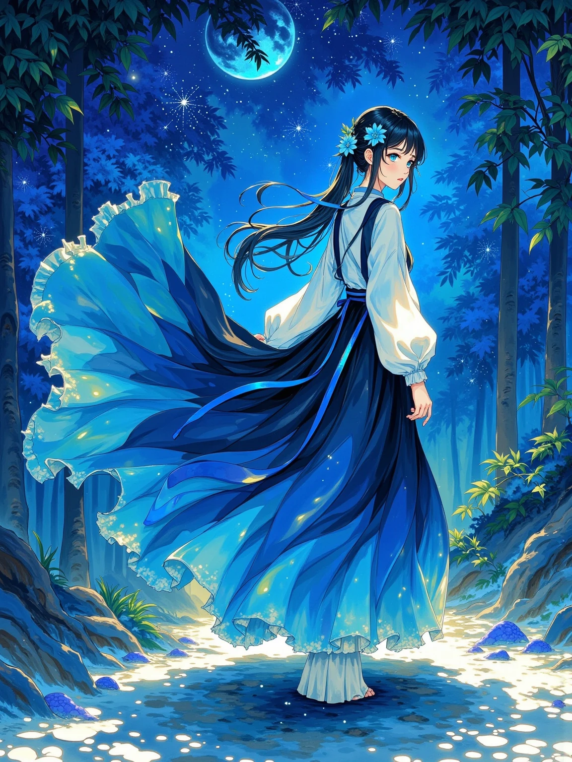 illustration， minimalism， Surrealism ，Chinese style，advanced，Contrasting colors，Weird Aesthetics ，Chinese aesthetics，Melancholy， atmosphere under the stars， A cosmic roaming rhapsody ，1 girl，Full body portrait，Vision，The portrait is blue ， wearing a flowing blue and black gradient long skirt， the skirt flows like a dream， as if the nebulae in the universe are dancing， blue mixed with black ，The hem of the skirt seems to be there and not there， like light born in the darkness， with a blue hairpin ， the hairpin flowers are like the brightest stars in the night sky。 the girl's feet are looming， as if it is stepping on the void， there seems to be a blue ribbon around the ankles， the ribbon is like a twinkling star track， echoing the overall outfit，Light Sensitivity， atmosphere under the stars。