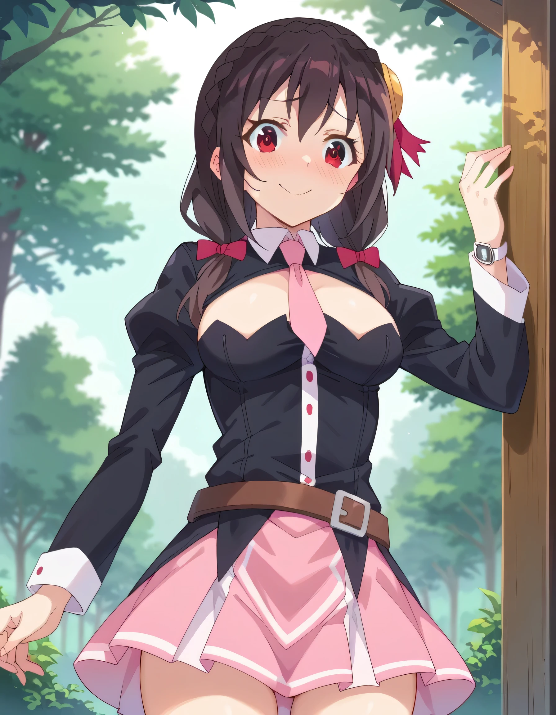 score_9, score_8_ up, score_7_ up,
Yunyun、 black hair, hair accessory, red eyes, bow, braided , crown braided ,
skirt , thighs, Long Sleeve , ties, belt, Outfit Cutout, cleavage cutout to viewer, pink skirt , pink ties,
Embarrassing Smile 、blush, Watch Viewers , cowboy shot ,(Looking Back:1.2)、( is opening your mouth)、Minami Mouth 、 sunlight filtering through the trees、 view from below