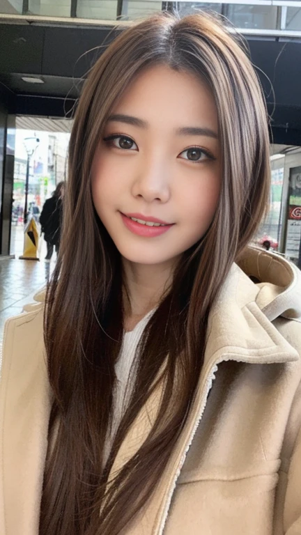 table top, highest quality, shape, Super detailed, finely, High resolution, 8k wallpaper, 完璧なダイナミックな構shape, beautiful and detailed eyes, Women's fashion in winter,wavy hair、natural color lip, bold sexy pose、the biggest smile when you look at me、the most beautiful white teeth、Harajuku、20 year old girl、cute、sexy shot looking at camera、(upper body photo:1.1)、(accurate anatomy:1.1)、(blurred background、girl portrait photo)