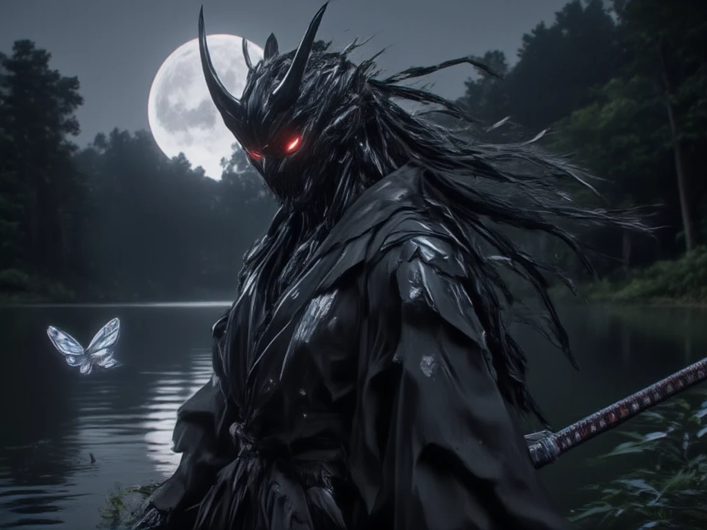 A lone ninja stands on a quiet lake on a moonlit night. The full moon shines in the sky, and the moonlight paints the lake silver. The ninja is dressed in all black, his silhouette accentuated by his long hair blowing in the wind. His face is covered with a cold Hannya mask, and a sharp gaze shines from the depths of his eyes. The ninja's figure is vaguely reflected on the lake's surface, and not a single ripple spreads on the water at his feet. In the silence, a butterfly with transparent wings is fluttering out of nowhere. The ninja exudes an eerie presence, making the surrounding air tense. The shadows of the forest behind him intertwine with the moonlight, creating a fantastical yet terrifying atmosphere. The hooting of an owl echoes in the distance, and only the rustling of the wind fills the night world.