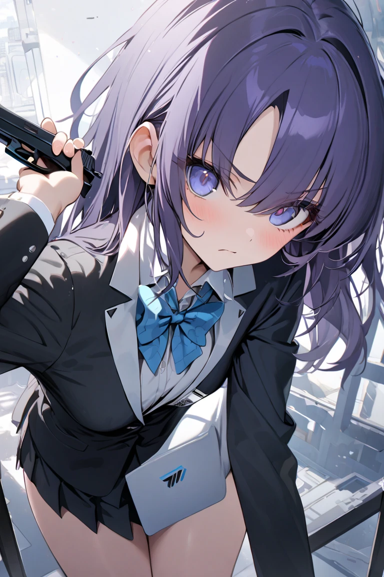 ,1 girl,(((Hayase Yuuka))), HD, top quality,Blue archive, Long blue-purple hair ,The tip of the jacket is slightly curled , the hair is divided on the sides , the bangs are slightly long and hang over the eyes ,Bright blue eyes, school uniform,chest, the collar of the jacket is accented, the bow is tied to the chest , slim, stylish, thighs, and hold up your gun, serious face,mechanical background,