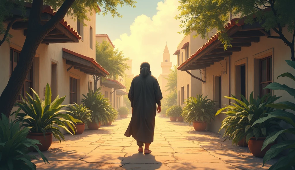 3. **Ahmed Walking Home**: Picture Ahmed walking back home through the village after returning the wallet. He has a peaceful smile on his face, and the village scenery around him should feel warm and welcoming, with villagers in the background.