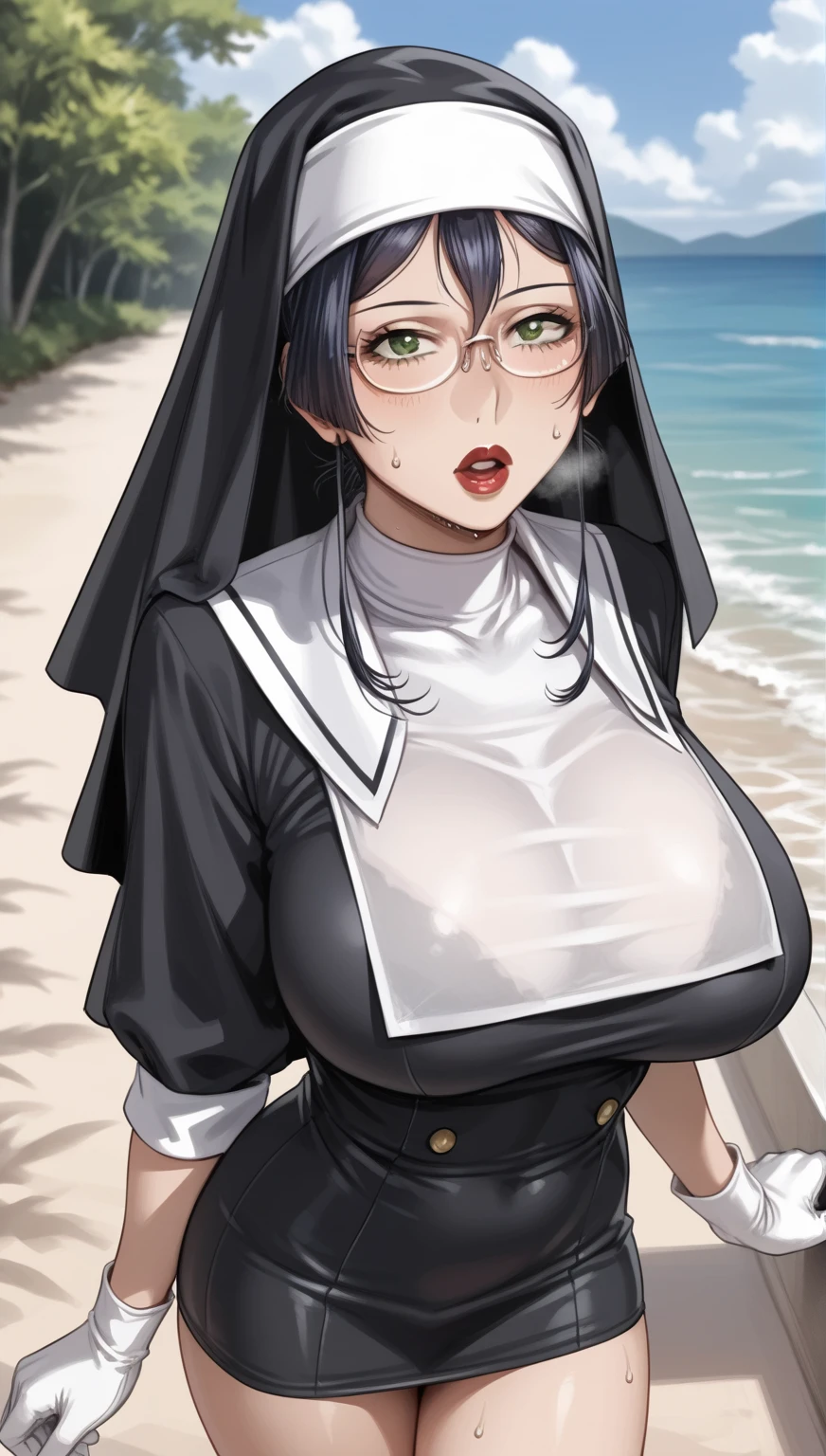  score_9,  score_8_above,  score_7_above,  score_6_above,  score_5_above,  score_4_above,  RUPTURE source _animated,takako tokiwa, 1 girl, by the blue,  green eyes, breasts, glasses,  medium length , ajustando las glasses,   underwear , huge breasts, GOOD, skirt, garters,  curvilinear , Alone, neckline, Gloves,  hair bow ,  transparent,  looking at the viewer, ({{shy}}, half closed eyes, open mouth, heavy breathing, sweat), smudged lipstick,bedroom,from side,detailed eyes, 1girl, Alone,  beach,(((underboob:0.6))), ultra realistic Details,face,Landscape, photo pose,  lips black, lipstick Black, costume nun