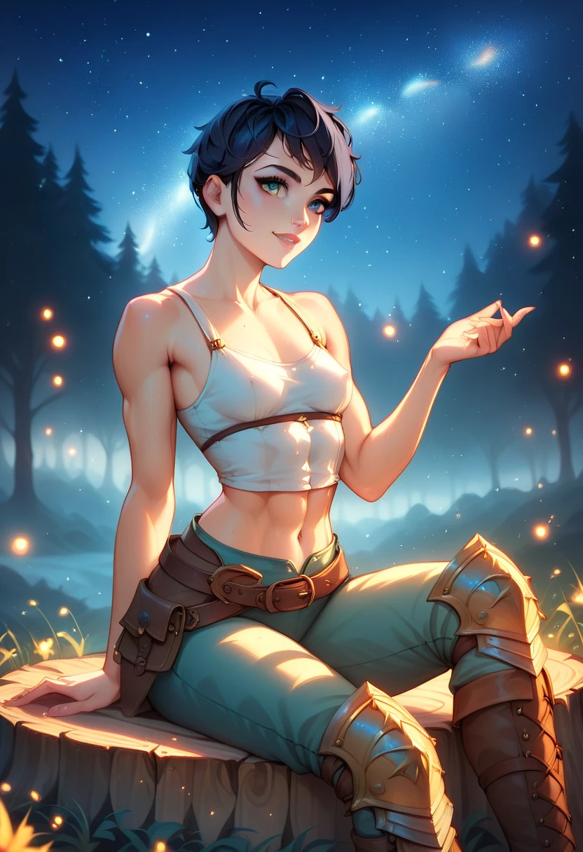 (solo, 1 fit girl, masterpiece, best quality, small breasts in fabric tank top) An illustration of a young woman in a medieval setting. She is sitting on a stump in the night forrest (night time, night lighting, starry sky), resting in a cool and relaxed pose. The woman is slender with a well-defined fit build and super narrow wasp-waist. She has short black hair. Her eyes are grey, expressive, and have a grey hue. She is wearing a form-fitting black sleeveless tank top and armor on her thighs with detailed metal boots. Next to her lies a longsword with a simple yet elegant design, planted in the ground. The background consists of warm and cozy medieval war-camp with bonefire. The atmosphere is calm, with soft, diffused night lighting highlighting the details of her metallic armor pants and the textures of the rocks. Ensure the proportions of her body are realistic, and the pose conveys a dynamic yet relaxed feel.