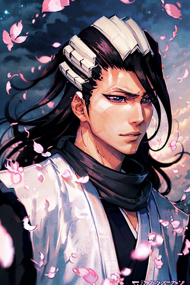 Portrait from afar, kuchiki byakuya  ( anime character from anime bleach ),  handsome man ,  Elegance , Confident,  dramatic composition ,  long black hair ,  Calm facial expression,  a slight smile on the lips ,  flowing scarf ,  black and white outfit , night sky,  flying sakura flowers  ( around character ),  mysterious atmosphere ,  cinematic perspective, no facial hair ,  Anime style 