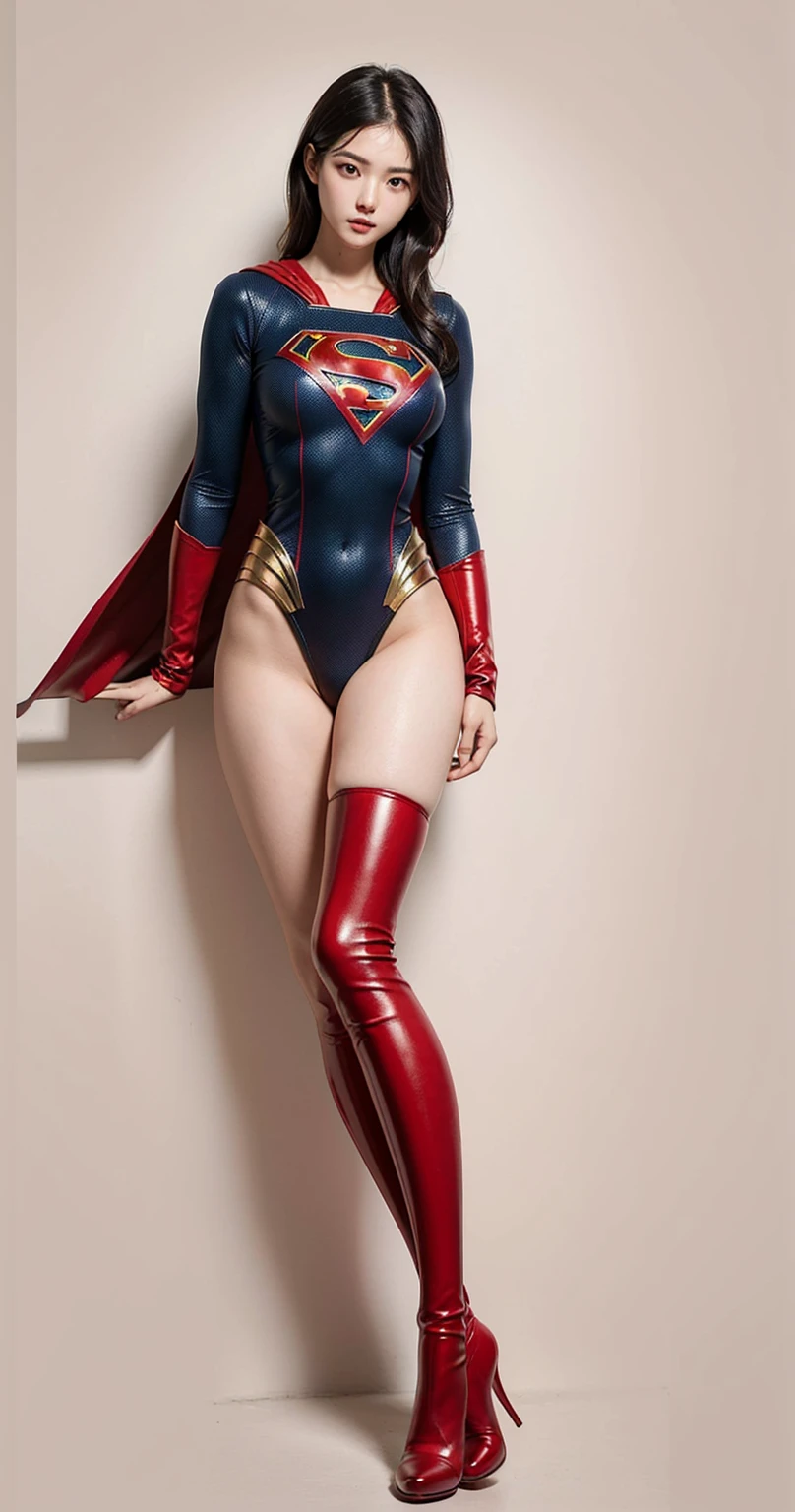 No background、Are sleeping、lying back on、(((Wear black tights on your beautiful legs.)))、(((Grow legs、tall、Legally express the beauty of your smile)))、((((Make the most of the original image)))、(((Supergirl Costume)))、(((beautiful hairl)))、(((Suffering)))、(((Feet must necessarily be worn with black tights)))、(((You need to wear red boots)))、((Top image quality、8K))、((top-quality、8K、masterpiece:1.3))、(((Keep Background )))、Crisp focus:1.2、Beautiful woman with perfect body shape:1.4、Slender Abs:1.2、a wet body:1.5、Highly detailed facial and skin texture、8K