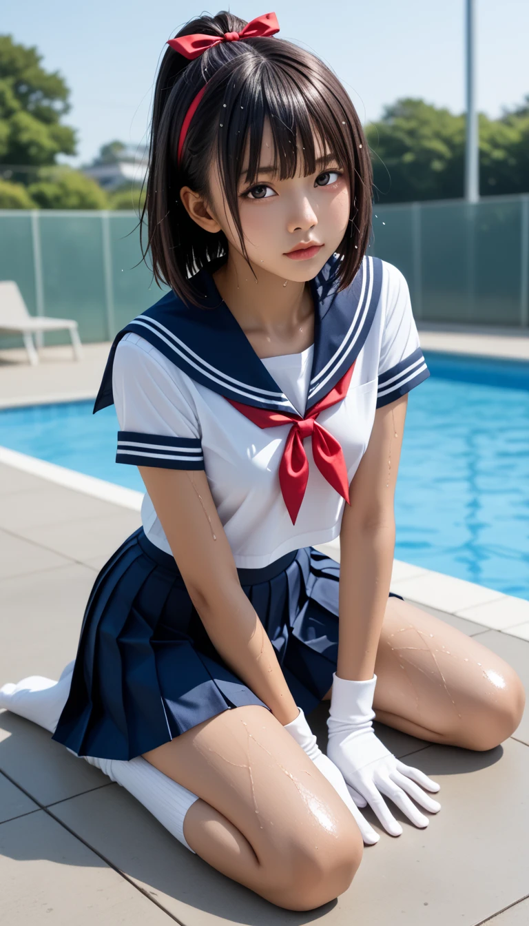  wet Japanese female middle school student 、masterpiece 、  top quality 、  ultra high definition、 realistic、 beautiful lighting arranged in an orderly manner、  RAW photos 、4K Ultra HD、  super detailed face、Clear Face、Detailed eye、 beautiful eyes、 ecstatic face、1080P、 tan dark skin 、 black hair,   wet hair、 short bob cut , bangs、 Ponytail、 horny 、 skinny young gravure idol 、((prone bone、Lay a mat))、 Legs Outstretched 、Don&#39;t bend your knees、Detailed eye detail，目 with beautiful details，  glossy lips ，  double eyelid ，  has long eyelashes、 Red Headband 、 white gloves 、((( pleated skirt の中に艶無し黒ショートパンツも履く)))、((( small chest with tension、Separated Breasts 、 tight breasts)))、(( blue sky、Outdoor Pool、 blur background)),(((Wet Japanese Female Middle School Student 、 Red ribbon、 navy sailor color 、sailor cuffs、 pleated skirt 、 black high socks)))、( perfect anatomy)、   thin beautiful thighs 、 beautifully manicured hair 、 oily skin 、Five fingers、Two arms、2 Legs 