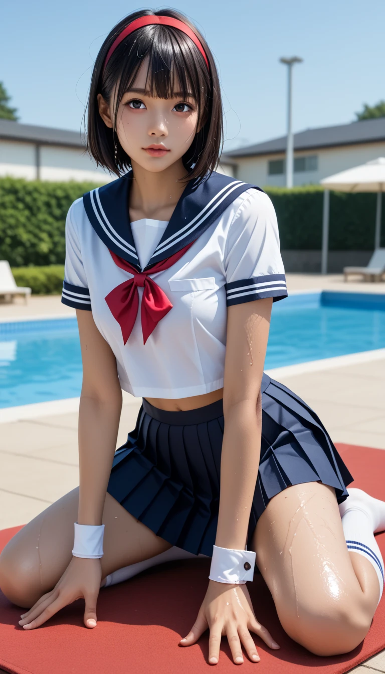  wet Japanese female middle school student 、masterpiece 、  top quality 、  ultra high definition、 realistic、 beautiful lighting arranged in an orderly manner、  RAW photos 、4K Ultra HD、  super detailed face、Clear Face、Detailed eye、 beautiful eyes、 ecstatic face、1080P、 tan dark skin 、 black hair,   wet hair、 short bob cut , bangs、 Ponytail、 horny 、 skinny young gravure idol 、((prone bone、Lay a mat))、 Legs Outstretched 、Don&#39;t bend your knees、Detailed eye detail，目 with beautiful details，  glossy lips ，  double eyelid ，  has long eyelashes、 Red Headband 、 white gloves 、((( pleated skirt の中に艶無し黒ショートパンツも履く)))、((( small chest with tension、Separated Breasts 、 tight breasts)))、(( blue sky、Outdoor Pool、 blur background)),(((Wet Japanese Female Middle School Student 、 Red ribbon、 navy sailor color 、sailor cuffs、 pleated skirt 、 black high socks)))、( perfect anatomy)、   thin beautiful thighs 、 beautifully manicured hair 、 oily skin 、Five fingers、Two arms、2 Legs 