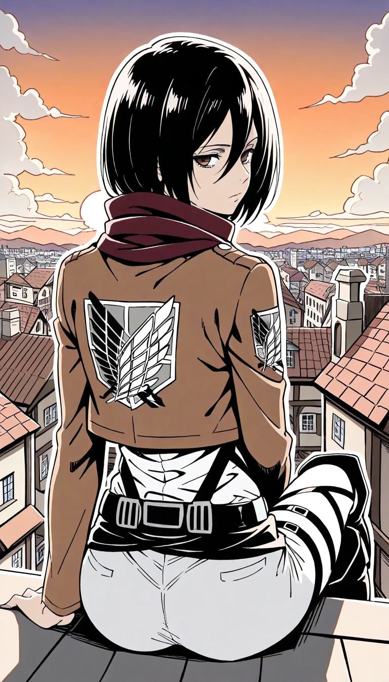 1girl, mikasa ackerman, shingeki no kyojin, sit, on rooftop, house, from behind, city view, slightly looking at viewer, sunset, flat color, crossed legs,useful line art, bold line, outline, brown outline,sinozick style, twisted torso,((masterpiece, best quality, absurdres, intricate detail, amazing quality, highres, ultra detail))