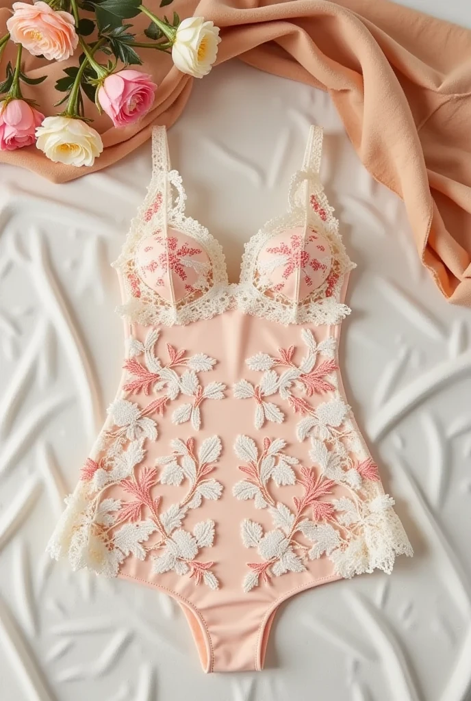 A charming transparent lace onepiece set ,  is placed on a casual style bed  ,  takes center stage . , a 32B  , Has a delicate white tone，, .  The  that comes with  , ， is 80 cm  , The overall effect created by the reflected flower pattern  , The overall effect created .  The image is taken from a bird's-eye view  ,  invites you to take a glimpse of the intimate scene  