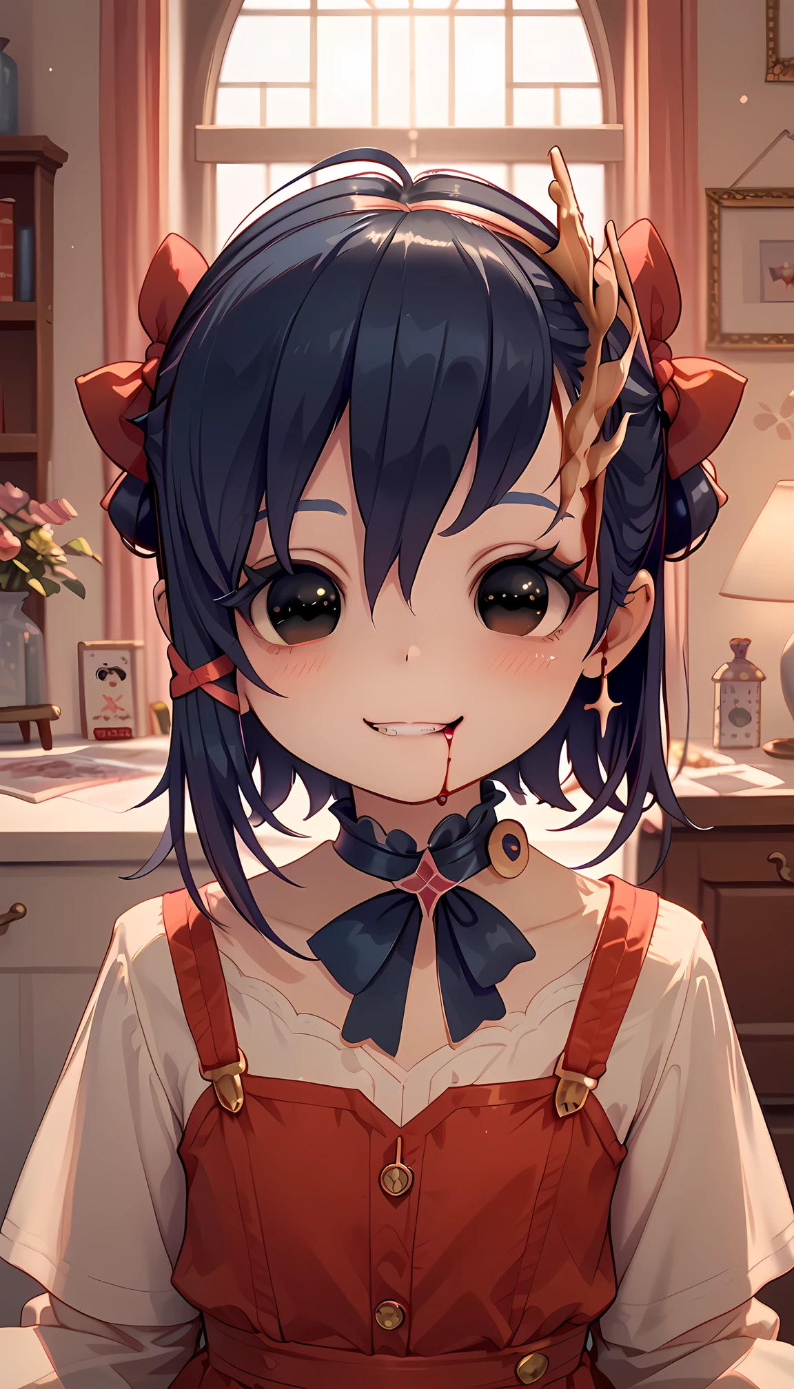 ultra-high quality, best quality, 8K, UHD, very aesthetic, photorealism, volumetric lighting,(TinyMita), (dark blue hair), little, short, (**li), cute smile, blush, (black eyes), cute, crazy smile,blood, danger aura 