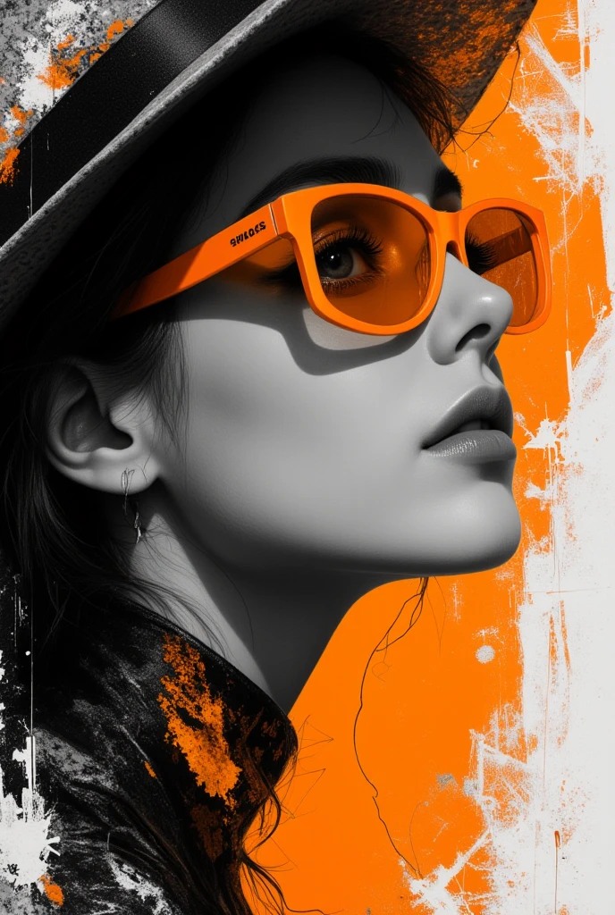 An artistic portrait of a woman's face , Partial portrait , mainly in black and white , adorned with bright orange . she wears a hat and a pair of orange glasses, and focuses on depicting her eyes . that are dynamic and expressive , giving the work a modern and avant-garde feel . The background is abstract , with hints of white and black , focuses on the woman's face ., painting, illustration