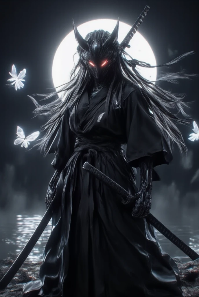 A ninja stands by a quiet lake in the moonlight. A full moon shines in the sky, and the moonlight paints the lake silver. The ninja is dressed all in black, with his long hair blowing in the wind, highlighting his silhouette. He wears a cold Hannya mask on his face, and a sharp gaze shines from deep in his eyes. The ninja's figure is vaguely reflected on the surface of the lake, and there is not a single ripple on the water at his feet. In the silence, a butterfly with transparent wings descends from nowhere. The ninja exudes an eerie presence, making the air around him tense. The shadows of the forest behind him intertwine with the moonlight, creating a fantastical yet terrifying atmosphere. An owl's hoot echoes in the distance, and only the rustling of the wind fills the night world. The image quality is excellent, with natural soft lighting and extremely detailed and realistic images. Ultra high resolution, highest quality, (full body photo), SLR camera, (movie scene), highly detailed, realistic lighting, smooth