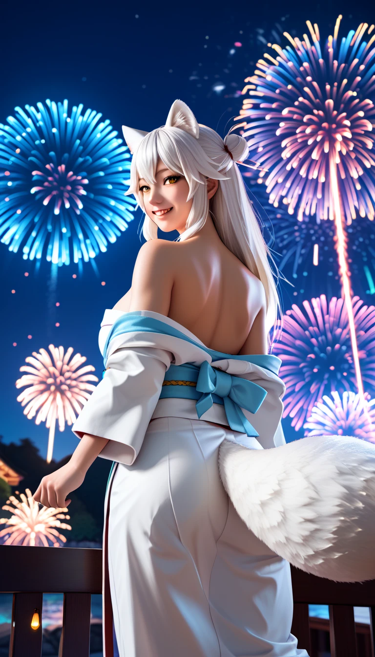 score_9, score_8_up, score_7_up, source_anime, from behind, solo, 1girl, arct1cf0x, fox tail, smile, looking back, white hair, animal ears, extra ears, yellow eyes, japanese clothes, white kimono, off shoulder, blue sash, bare shoulders, fireworks
