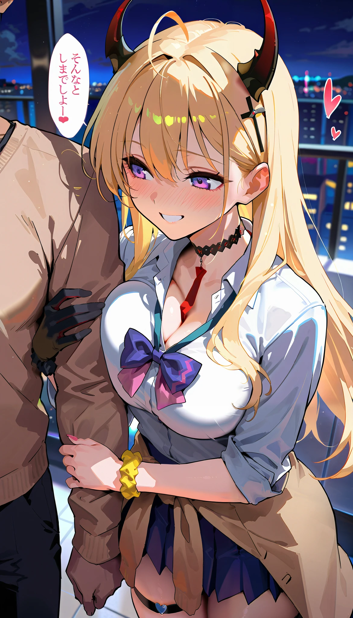 masterpiece, beautiful woman, adult female, cute, kumano , purple eyes, blonde hair, long hair, sidelocks,  they horns, cross hair ornament, choker, white shirt, collared shirt, sleeves rolled up, cleavage, purple bow, loose bowtie, wrist scrunchie, single elbow glove, black glove, blue skirt, pleated skirt, miniskirt, side-tie peek, single thigh strap, Cardigan around waist, score_9, score_8_up, score_7_up, , rating_ general , beige Cardigan, Beige sweater, black choker,  black necktie, black skirt, Cardigan, Cardigan around waist, source_anime, cowboy shot, full portrait, hair between eyes, (slim, slender body, tight waist, toned body), (night, Around town,  in front of the hotel), full-face blush, speech bible, (lovely face, embarrassed, full blush, loving you, smile, teeth, close eyes), (grab man's arm :1.3), (side view:1.2), lovely hearts:1.4, (throw, 1man, throwhand), Sound effects