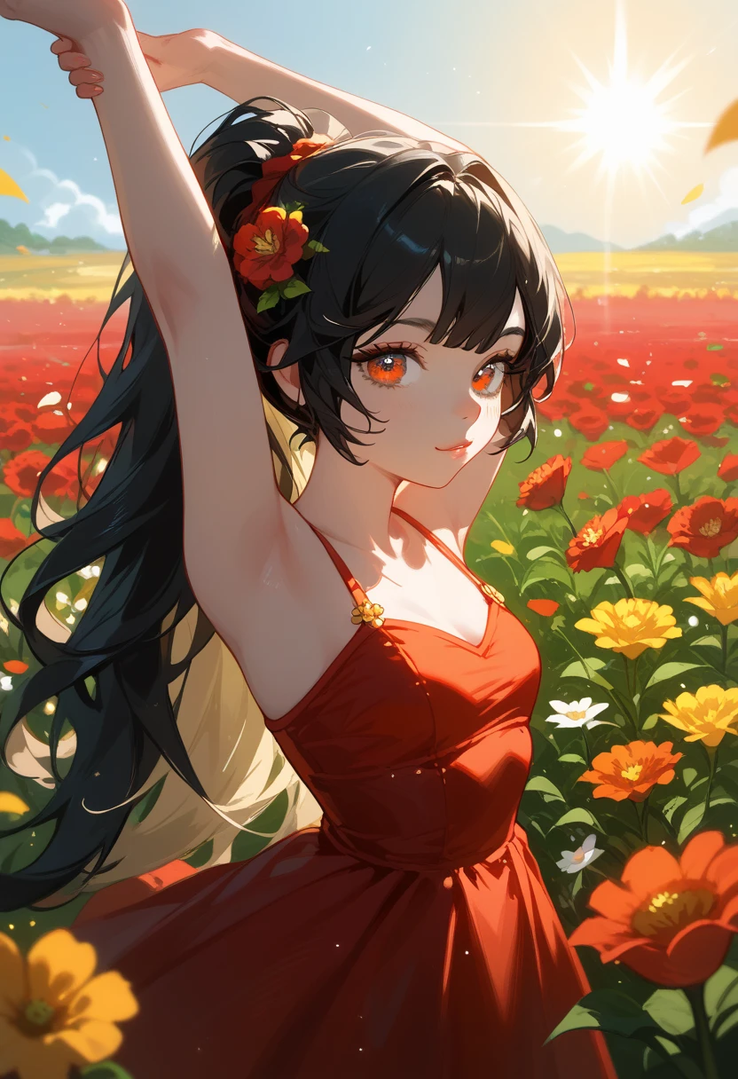 1girl, solo, close up, girl, black hair, streaked yellow hair, long hair, orange eyes, red dress, standing in a vibrant field of poppies, her dress made entirely of delicate red poppy petals, blending seamlessly with the flowers around her, golden sunlight from the setting sun casting a warm glow, soft shadows stretching across the field, her hair gently tousled by a breeze, the horizon ablaze with orange and pink hues, an ethereal and tranquil atmosphere,
, admirant l'horizon . Paysage dans les couleurs vertes Nature .