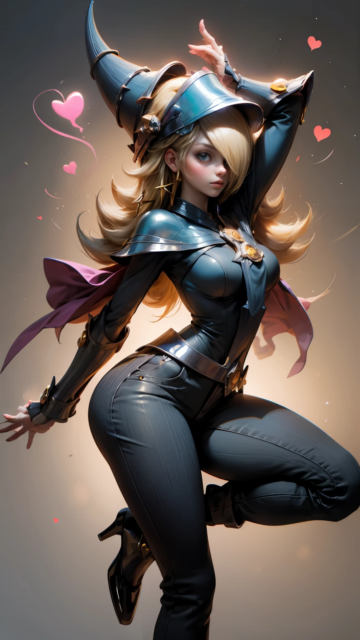 dark magician gils, with high-heels. Pants, sexy, Subjective and sensual pose. magic background. Magical heart in the air. magic circle