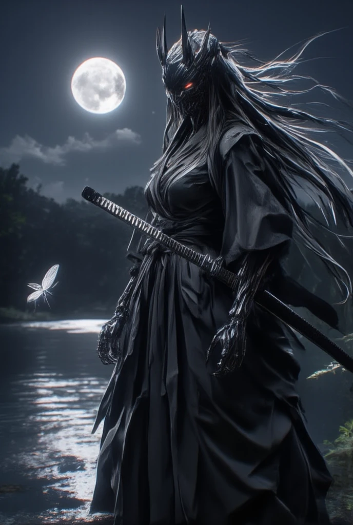 A ninja stands by a quiet lake in the moonlight. A full moon shines in the sky, and the moonlight paints the lake silver. The ninja is dressed all in black, with his long hair blowing in the wind, highlighting his silhouette. He wears a cold Hannya mask on his face, and a sharp gaze shines from deep in his eyes. The ninja's figure is vaguely reflected on the surface of the lake, and there is not a single ripple on the water at his feet. In the silence, a butterfly with transparent wings descends from nowhere. The ninja exudes an eerie presence, making the air around him tense. The shadows of the forest behind him intertwine with the moonlight, creating a fantastical yet terrifying atmosphere. An owl's hoot echoes in the distance, and only the rustling of the wind fills the night world. The image quality is excellent, with natural soft lighting and extremely detailed and realistic images. Ultra high resolution, highest quality, (full body photo), SLR camera, (movie scene), highly detailed, realistic lighting, smooth