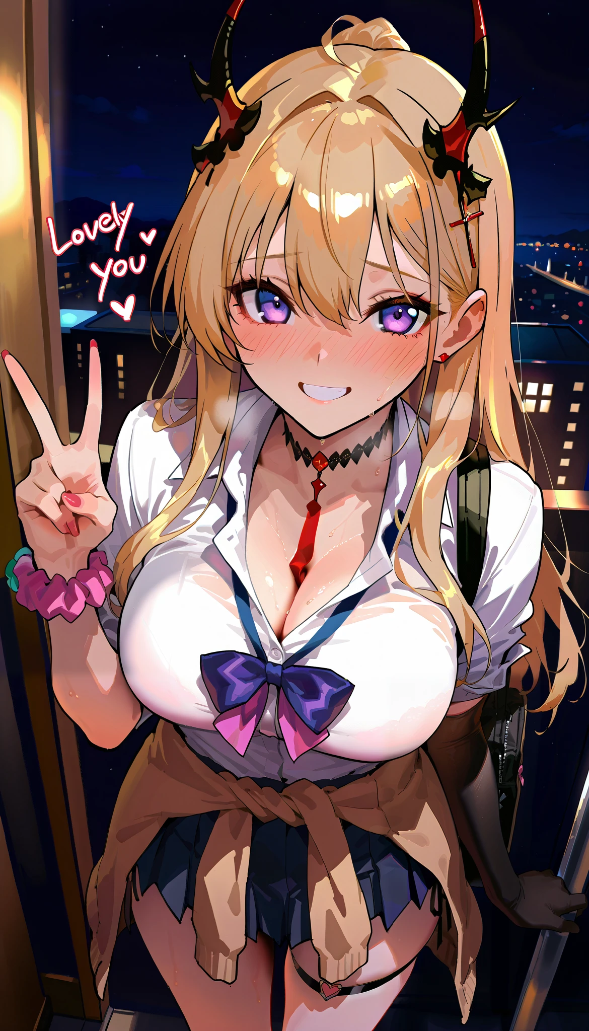 masterpiece, beautiful woman, adult female, cute, kumano , purple eyes, blonde hair, long hair, sidelocks,  they horns, cross hair ornament, choker, white shirt, collared shirt, sleeves rolled up, cleavage, purple bow, loose bowtie, wrist scrunchie, single elbow glove, black glove, blue skirt, pleated skirt, miniskirt, side-tie peek, single thigh strap, Cardigan around waist, score_9, score_8_up, score_7_up, , rating_ general , beige Cardigan, Beige sweater, black choker,  black necktie, black skirt, Cardigan, Cardigan around waist, source_anime, cowboy shot, full portrait, hair between eyes, (slim, slender body, tight waist, toned body), (night, Around town, In front of the hotel), full-face blush, speech bible, (lovely face, embarrassed, full blush, loving you, smile, teeth),  peace sign, lovely hearts:1.4, (throw, 1man, throwhand), Sound effects