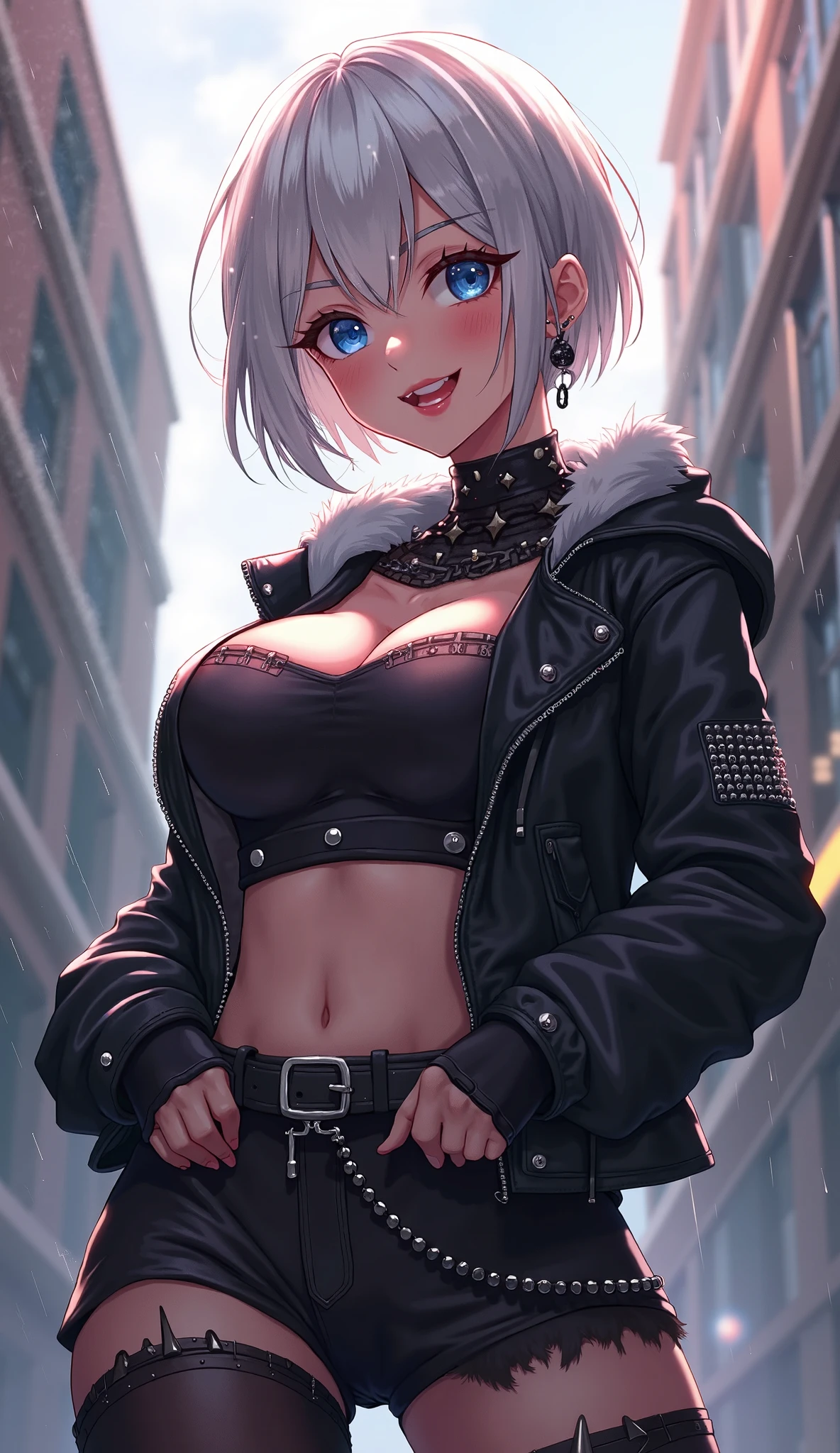 upper body, 1girl, (AngelMs:1.4), large breasts, panties, midriff, facing side, looking at viewer, (cleavage), cropped jacket