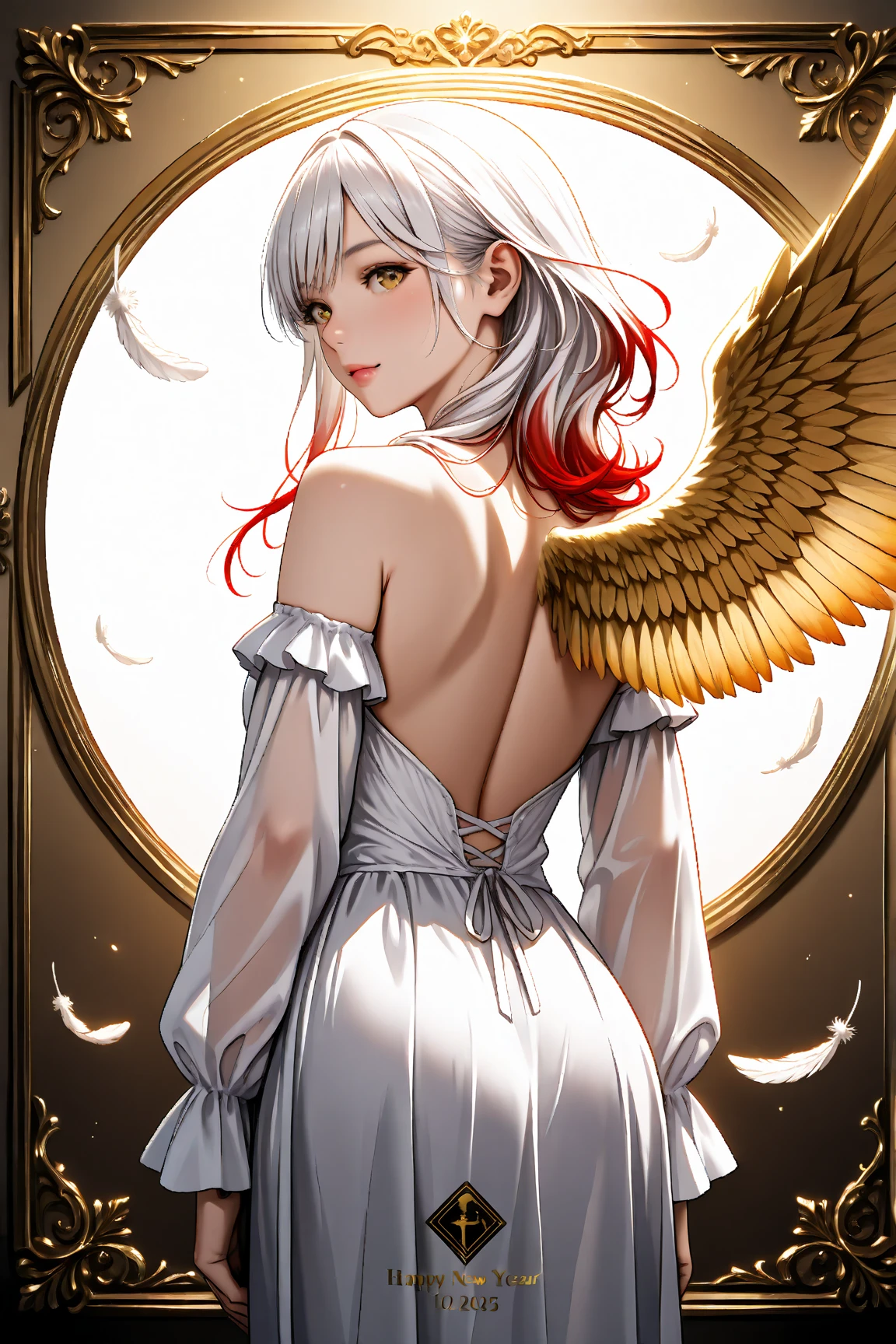  Happy New Year 2025 logo like a 　new year　 Happy New Year　2025 logo　Poster Frame　 Archangel　Angel&#39;s white clothes　Iridescent Wings　 gradation 　 wave hair　Multicolor hair color　White Hair　Red Hair　Golden Eyes　Fluttering Feathers　god々Shii　Carrying the afterlight on one's back　masterpiece,  top quality,  素晴らShii品質,  VERY ESTHETIC ,  absurd, up to date, ( realistic:1.2),  more details,  very detailed,   explicit 